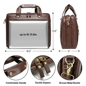 Bosidu Leather Briefcases for Men 15.6 Inch Laptop Messenger Bag with Triple Compartments Water-Resistant Computer Shoulder Bag for Business, Travel, Work, Office, Brown