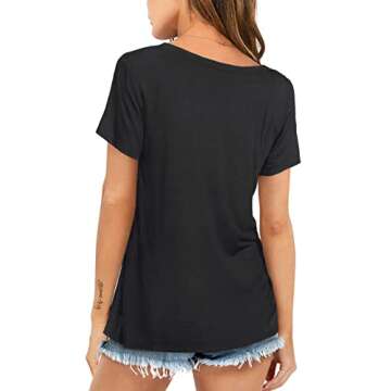 Amoretu Women's Short Sleeve T Shirts V Neck Loose Casual Plain Tops Black 2XL