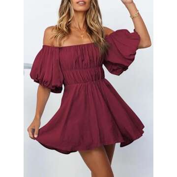 Dokotoo Off Shoulder Summer Dresses for Women 2025 Lantern Sleeve Elastic Waist Wine Red Dress Casua...
