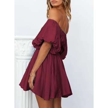Dokotoo Off Shoulder Summer Dresses for Women 2025 Lantern Sleeve Elastic Waist Wine Red Dress Casual Ruffle A-Line Mini Dresses for Wedding Guest Small