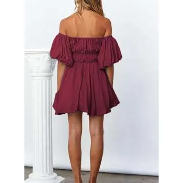 Dokotoo Off Shoulder Summer Dresses for Women 2025 Lantern Sleeve Elastic Waist Wine Red Dress Casual Ruffle A-Line Mini Dresses for Wedding Guest Small