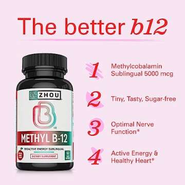 Zhou Nutrition Methyl (Vitamin B12) Lozenges, 5000 mcg for Maximum Absorption and Active Energy, Vegan, Cherry, 60 Count