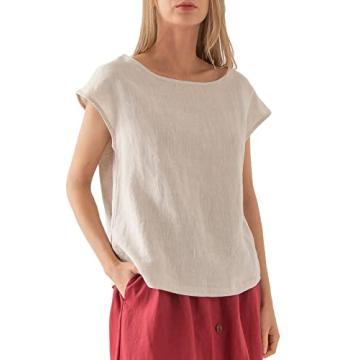 Amazhiyu Women's Stylish 100% Linen Casual Cap Sleeve Top for Summer