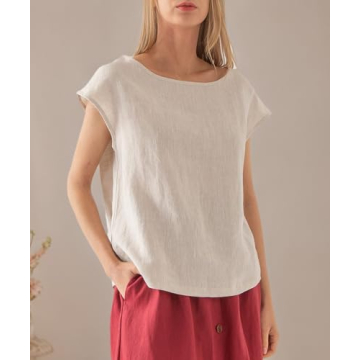 Amazhiyu Women's 100% Linen Casual Cap Sleeve Top