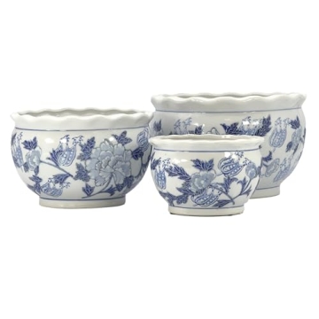 Galt International Blue & White Round Floral Porcelain Ceramic Plant Flower Planter Pot Set of 3 (8"...
