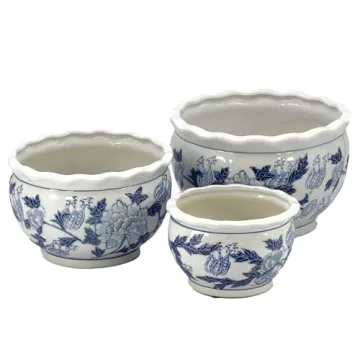 Elegant Blue & White Ceramic Planter Set of 3 for Home Decor