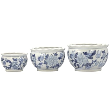 Elegant Blue & White Ceramic Planter Set of 3 for Home Decor
