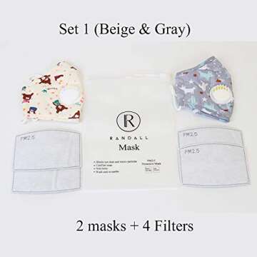 Children’s Reusable Cotton Dust Face Cover with Filter. 2 Masks Plus 4 Filters. Wash and Re-usable Made with 100% Cotton for A Comfortable Wear All Day Long. (Gray n Beige)