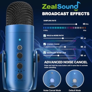 ZealSound USB Microphone,Condenser Gaming Mic for Phone/Laptop/PC/PS4/5/Computer,Microphone with Gain Knob,LED Mute,Monitor Volume Adjustment,Stand Base for Streaming, Podcast, Studio Recording (Blue)