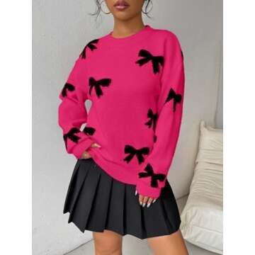 GORGLITTER Women's Bow Sweater Long Sleeve Crew Neck Vintage Y2k Knitted Sweater