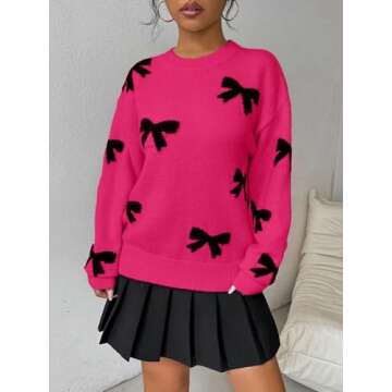 GORGLITTER Women's Bow Sweater Long Sleeve Crew Neck Vintage Y2k Knitted Sweater