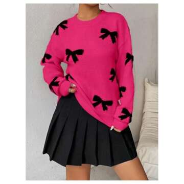 GORGLITTER Women's Bow Sweater Long Sleeve Crew Neck Vintage Y2k Knitted Sweater