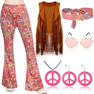 Jenaai 7 Pcs Kids 60s 70s Hippie Outfits for Girls Costume Set Boho Flared Pants Hippie Outfits Acce...