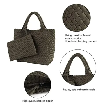 LMKIDS Designer Woven Tote Bag + Purse Women Neoprene Tote Handbag Fashion Large Shoulder Top-Handle Travel Bag Underarm Shopper Bag (D-Green)