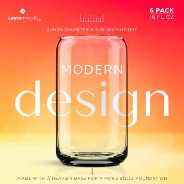 Leavenworks Glass Cups Set of 6, Beer Can Glass, Pint Drinking Glasses, Glasses Drinking Set, Unique...