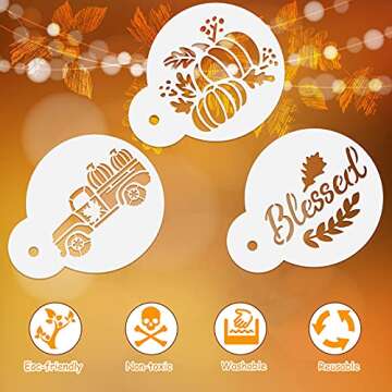 Chengu 20 Pieces Thanksgiving Cookie Stencil Fall Cake Templates Autumn Coffee Stencils Reusable Cake Baking Painting Mold Tools for Thanksgiving Party Dessert Coffee Cookies Cake Decoration
