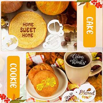 Chengu 20 Pieces Thanksgiving Cookie Stencil Fall Cake Templates Autumn Coffee Stencils Reusable Cake Baking Painting Mold Tools for Thanksgiving Party Dessert Coffee Cookies Cake Decoration