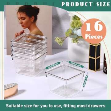 Tioncy 16 Pcs Clear Drawer Organizers 3" x 3" x 2" Stackable Small Makeup Vanity Storage Bins Small ...