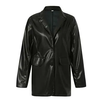 BHMAWSRT Womens Leather Blazer Coat, Long Sleeve Lapel Faux PU Leather Jacket Button Front Trench Coat (Black Blazer, Large)