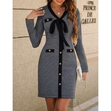 HAEOF Women's 2024 Long Sleeve Mini Sweater Dress Fall Winter Trendy V Neck Striped Knit Bodycon Sho...