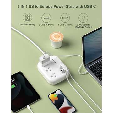 European Travel Plug Adapter with USB C, ROOTOMA Outlet Adapter US to Europe 3 Outlets 3 USB Ports, ...