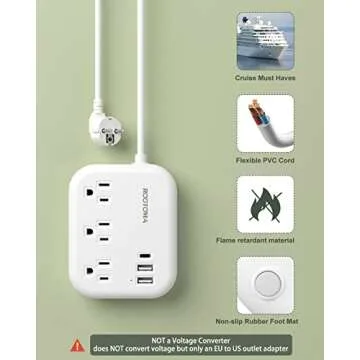 European Travel Plug Adapter with USB C, ROOTOMA Outlet Adapter US to Europe 3 Outlets 3 USB Ports, International Power Strip for EU Spain France Germany Iceland Greece, 3ft, White