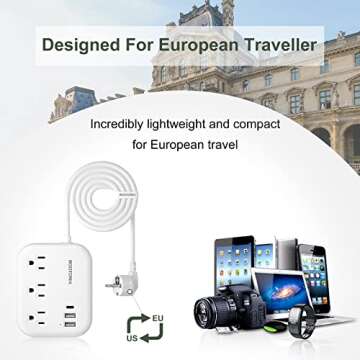 European Travel Plug Adapter with USB C, ROOTOMA Outlet Adapter US to Europe 3 Outlets 3 USB Ports, International Power Strip for EU Spain France Germany Iceland Greece, 3ft, White
