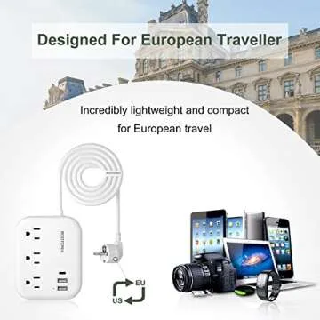 European Travel Plug Adapter with USB C, ROOTOMA Outlet Adapter US to Europe 3 Outlets 3 USB Ports, International Power Strip for EU Spain France Germany Iceland Greece, 3ft, White