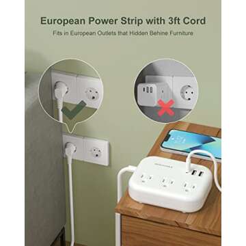 European Travel Plug Adapter with USB C, ROOTOMA Outlet Adapter US to Europe 3 Outlets 3 USB Ports, International Power Strip for EU Spain France Germany Iceland Greece, 3ft, White