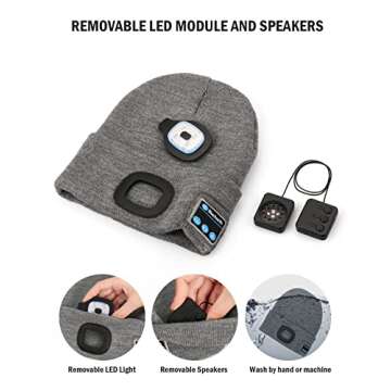 Wmcaps Bluetooth Beanie with a Light, Unisex USB Rechargeable 4 LED Fashlight Hat with Cordless Headphones, Unique Christmas Birthday Gifts for Men Him Husband Teen Grey