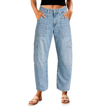 PLNOTME Womens Cargo Barrel Jeans - High Waisted Boyfriend Baggy Denim Pants Light Blue