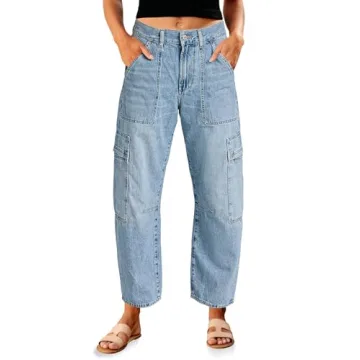 PLNOTME Womens Cargo Barrel Jeans - High Waisted Boyfriend Baggy Denim Pants Light Blue