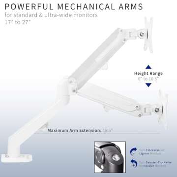 VIVO Aluminum Articulating Dual Monitor Arm for 17 to 27 inch Screens, Desk Mount Tension Spring Monitor Stand for 2 Screens, White, STAND-V102OW