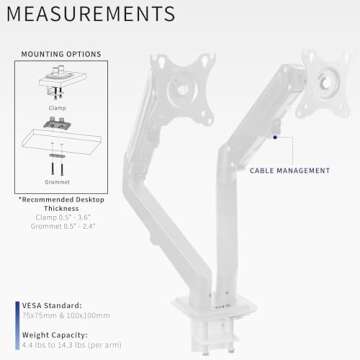 VIVO Aluminum Articulating Dual Monitor Arm for 17 to 27 inch Screens, Desk Mount Tension Spring Monitor Stand for 2 Screens, White, STAND-V102OW