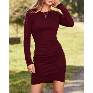 BTFBM Women Elegant Ruched Bodycon Dress Long Sleeve Wrap Front Casual Basic Fitted Going Out Short Dresses(Wine Red, Small)