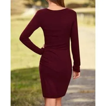 BTFBM Women Elegant Ruched Bodycon Dress Long Sleeve Wrap Front Casual Basic Fitted Going Out Short Dresses(Wine Red, Small)