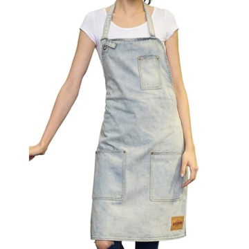 VANTOO Unisex Distressed Jean Apron with Convenient Pockets for Men and Women, White