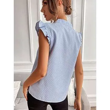Floerns Women's Striped Notched V Neck Ruffle Cap Sleeve Blouse - Summer Essential in Blue and White