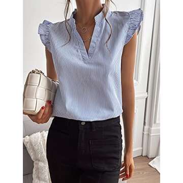 Floerns Women's Striped V Neck Ruffle Cap Sleeve Blouse