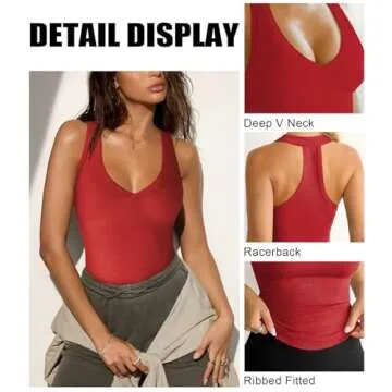 Hragc Womens Low Cut Deep V Neck Racerback Tank Tops for Women Summer Workout Yoga Sport Wine Red X-Small Ribbed Fitted Cotton Clothes
