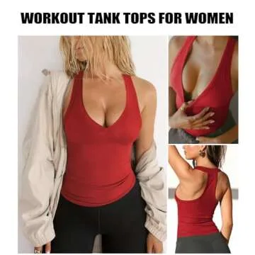 Hragc Womens Low Cut Deep V Neck Racerback Tank Tops for Women Summer Workout Yoga Sport Wine Red X-Small Ribbed Fitted Cotton Clothes