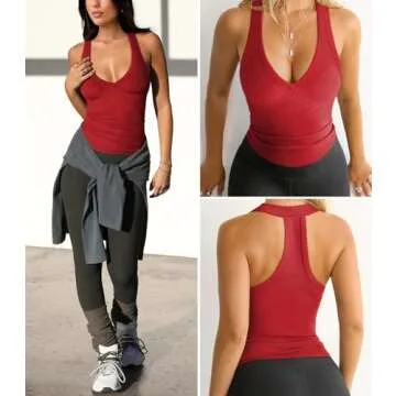 Hragc Womens Low Cut Deep V Neck Racerback Tank Tops for Women Summer Workout Yoga Sport Wine Red X-Small Ribbed Fitted Cotton Clothes