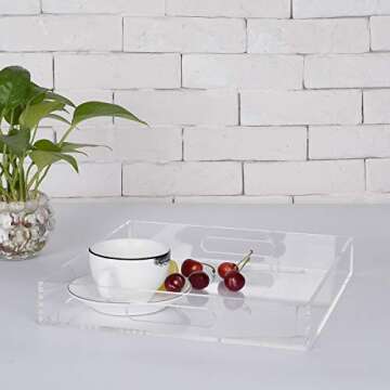 Clear Sturdy Acrylic Serving Tray with Handles-12x12Inch-Serving Coffee,Appetizer,Breakfast,Butler-Kitchen Countertop Tray-Makeup Drawer Organizer-Vanity Table Tray-Ottoman Tray-Decorative Tray