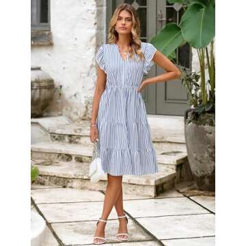 Glamaker Floral Tiered Midi Sundress Casual Summer V Neck Flutter Sleeve Striped Sun Dress with Pock...