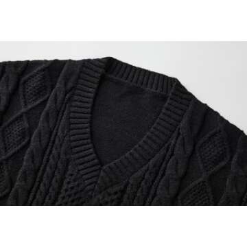 Women V Neck Long Sleeve Pullovers Cable Knit Sweater Fall Winter Relaxed Clothing Trendy Casual Retro Soft Warm Tops Black Small
