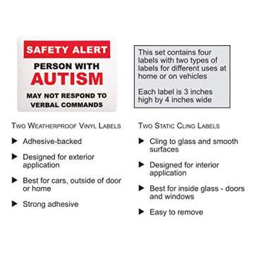 Autism Safety Alert Window Clings and Decals for Car and Home (4-Pack)
