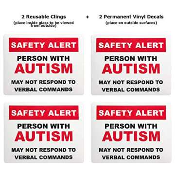 Autism Safety Alert Window Clings and Decals for Car and Home (4-Pack)
