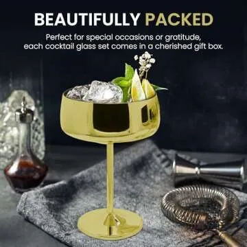 TMNOVO Cocktail Coupe Glasses - Espresso Martini Glasses Set of 4 - Stainless Steel Champagne Cocktail Glasses & Mug Cups - 15 oz Matte Gold Martini Glass Gift Set