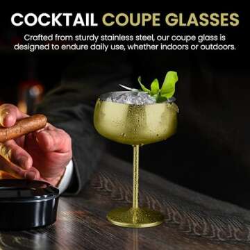 TMNOVO Cocktail Coupe Glasses - Espresso Martini Glasses Set of 4 - Stainless Steel Champagne Cocktail Glasses & Mug Cups - 15 oz Matte Gold Martini Glass Gift Set