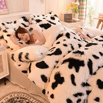 Feelyou Plush Shaggy Duvet Cover Set Full Kids Girls Cow Print Faux Fur Fluffy Bedding Set (1 Shaggy...